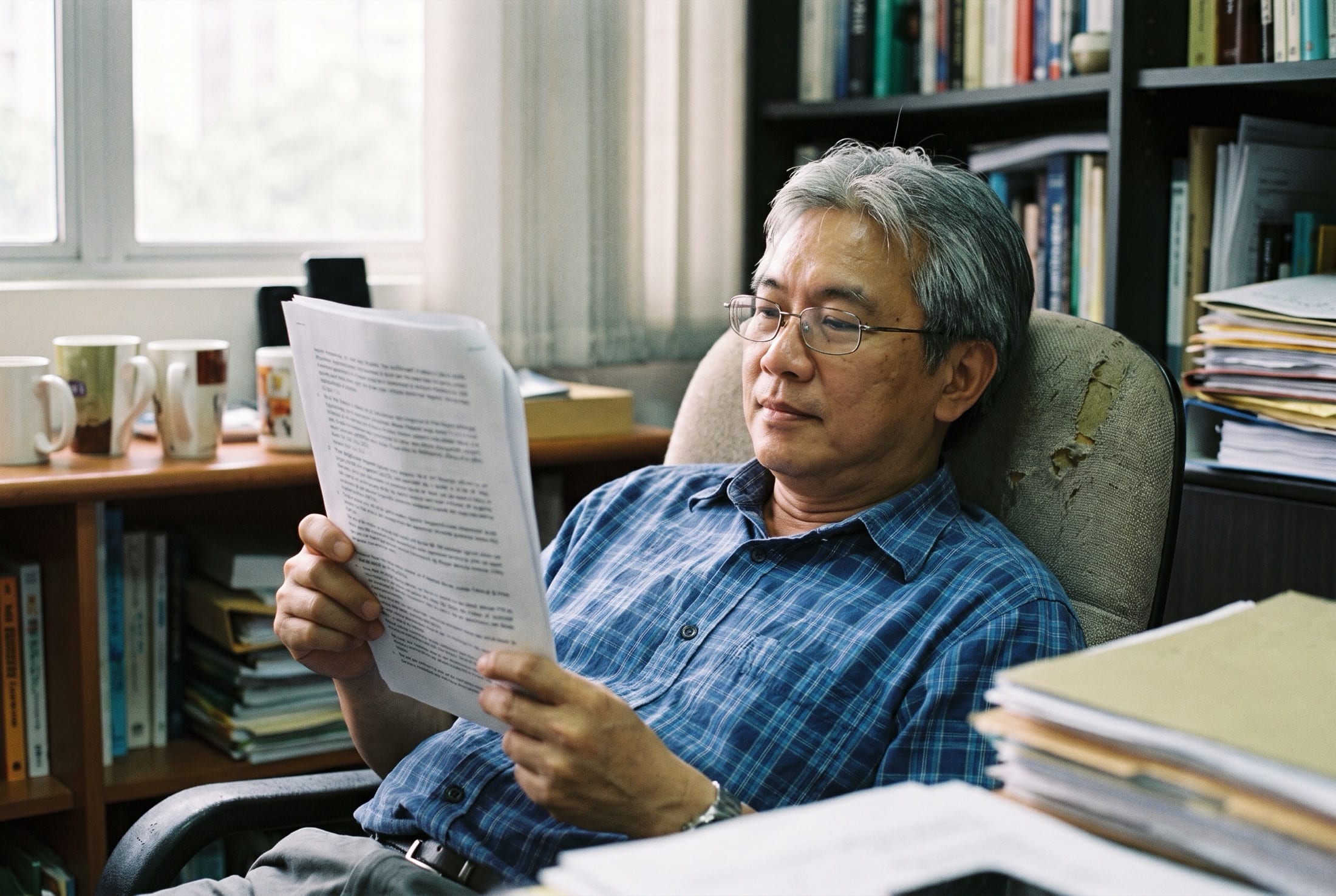 A man sitting back reading a printed report, glasses on.