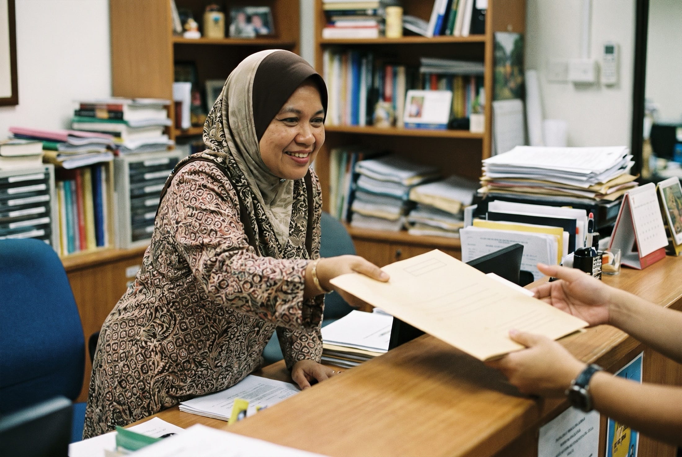 A colleague handing a folder across a counter to someone.
