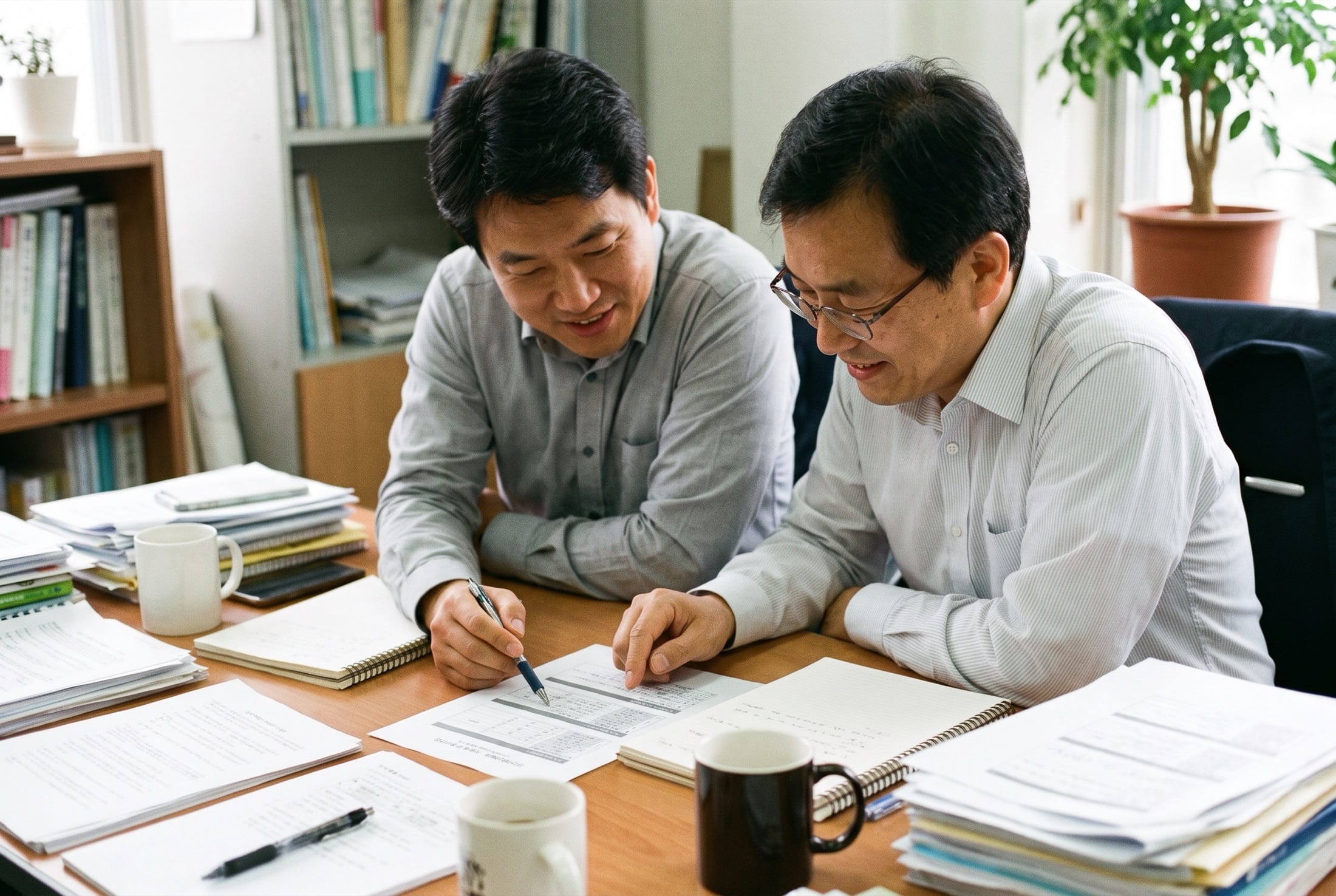 A consultant and a client side by side over a document on a desk.